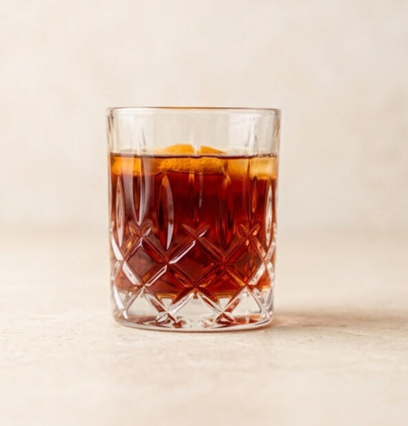 A close-up, dramatic shot of a crystal rocks glass filled with amber bourbon, featuring detailed diamond-cut glass patterns and a warm glow against a dark, minimalist background.